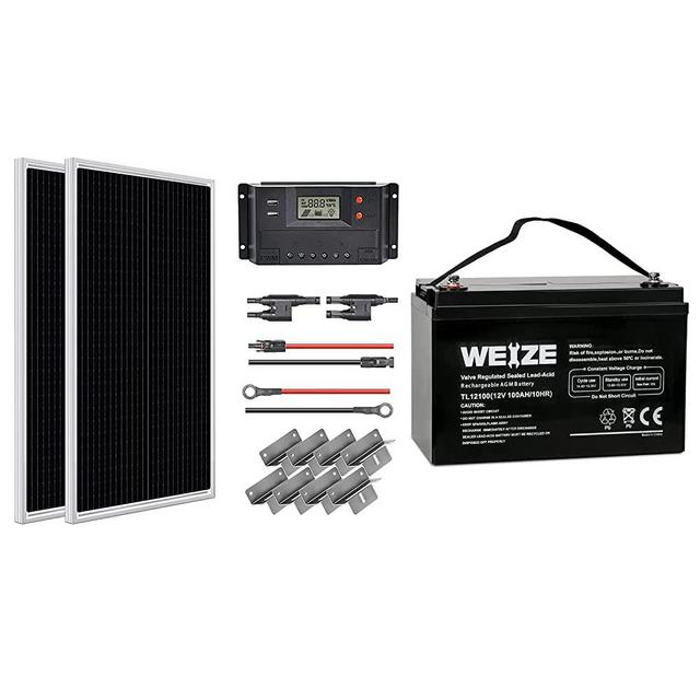 Weize 12V 200W Solar Panel Starter Kit - Includes 12V 100Ah Deep Cycle AGM Battery and 30A PWM Charge Controller for Home, Camping, RV, Boat, Power up Your Off-Grid Lifestyle