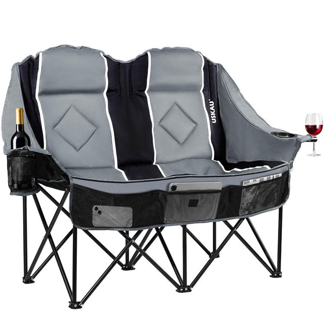 USKAU Oversized Double Camping Chair - 2 Person Portable Folding Outdoor Loveseat Heavy Duty Lawn Chairs for Adults with Padded Cushion & Dual Cup Holders, Supports 660LBS for Camping，Sports，Picnic