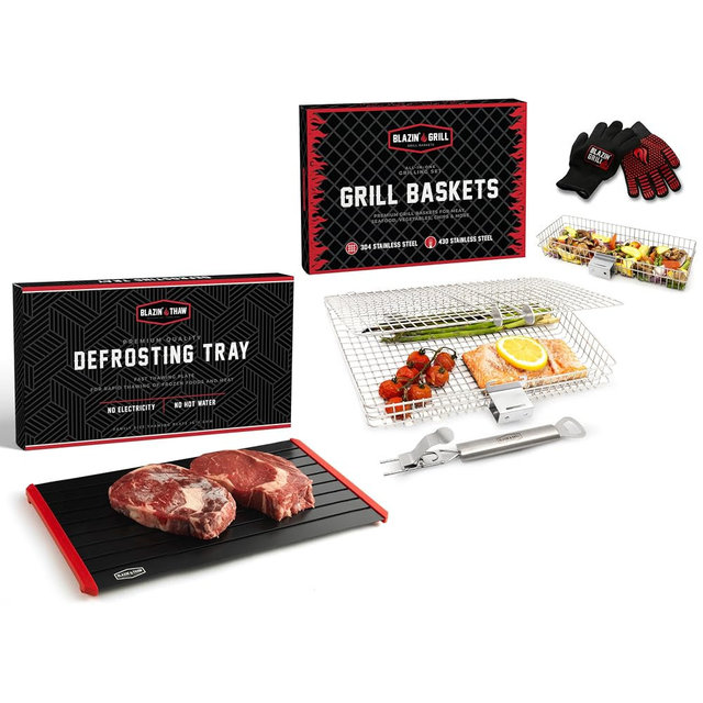 AVIEUS GRILL Grill Basket & Defrosting Tray Bundle | 2 Grilling Baskets for Outdoor Grilling | Aluminium Alloy Plate for Thawing Frozen Food | Barbecue Grill Set with BBQ Gloves |