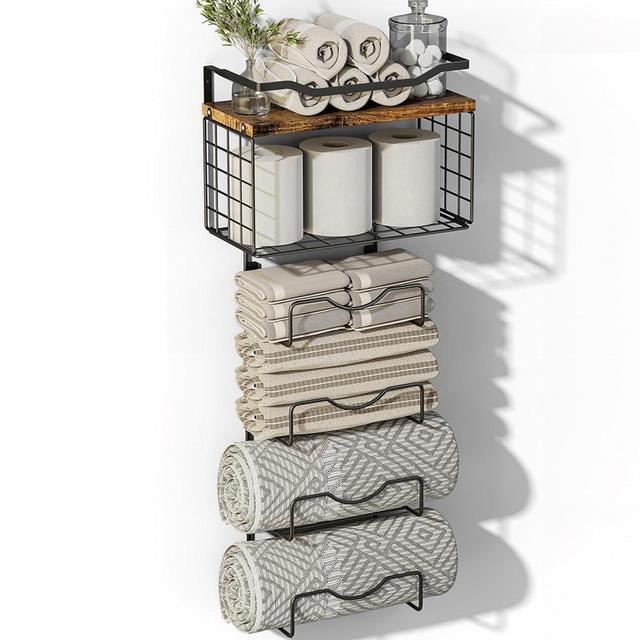 LIDTOP Towel Racks for Bathroom, Towel Storage Rack Wall Mounted, 4 Tier Rolled Or Folded Towel Holder with Floating Shelves, Bathroom Towel Holder for Bath, Hand Towels, Sturdy Metal & Wood, Black