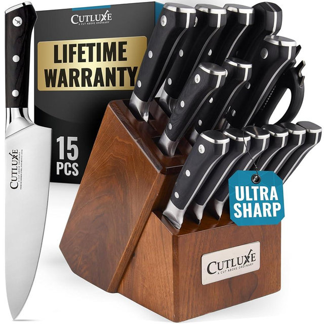 Cutluxe Knife Set with Block – 15-Piece Knife Set for Kitchen, Ultra Sharp High Carbon German Stainless Steel, Full Tang, Acacia Wood Block – Artisan Series