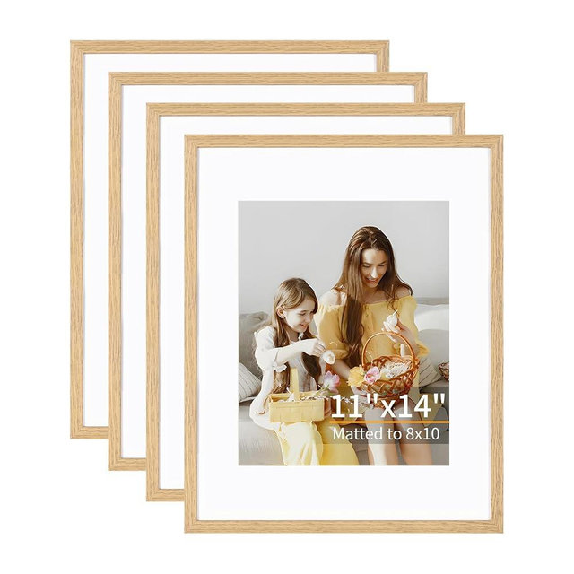 11x14 Picture Frame Set of 4, Displays 8x10 with Mat or 11x14 Without Mat, Photo Frames for Wall Hanging or Tabletop, Includes HD Plexiglass, Light Wood Grain