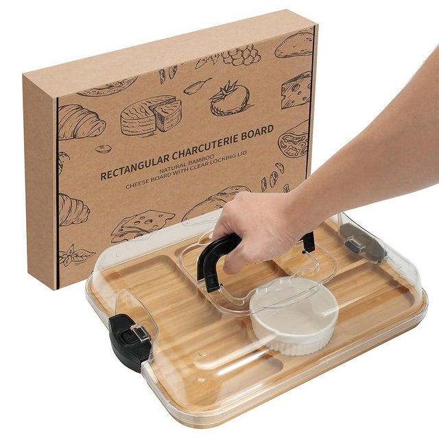 WILLKOMMEN Charcuterie Board with Lid- 6 Section Rectangular Serving Tray with Carry Handle & Locking Lid, Portable Bamboo Serving Platter, Food Trays for Party Picnic Cheese Snack