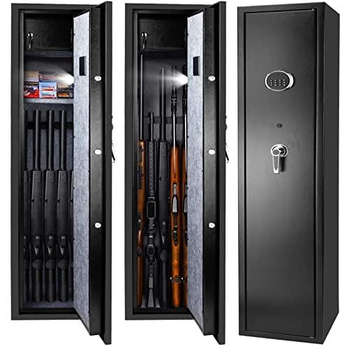 ETE ETMATE Rifle Safe, Quick Access 5-Gun Large Metal Rifle Security Cabinet with Built-in Lock Box, Removable Storage Shelf and LED Light, for Pistol Rifle Shotgun Firearms Ammo (US Stock)