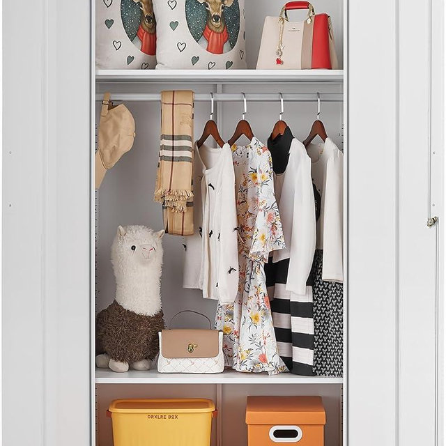Metal Wardrobe Cabinet with Hanging Rod & Lock,White Armoire Wardrobe Closet,Metal Clothing Storage Cabinet with Adjustable Shelves and Doors,72" Armoire Storage Cabinets for Home,Living/Laundry Room