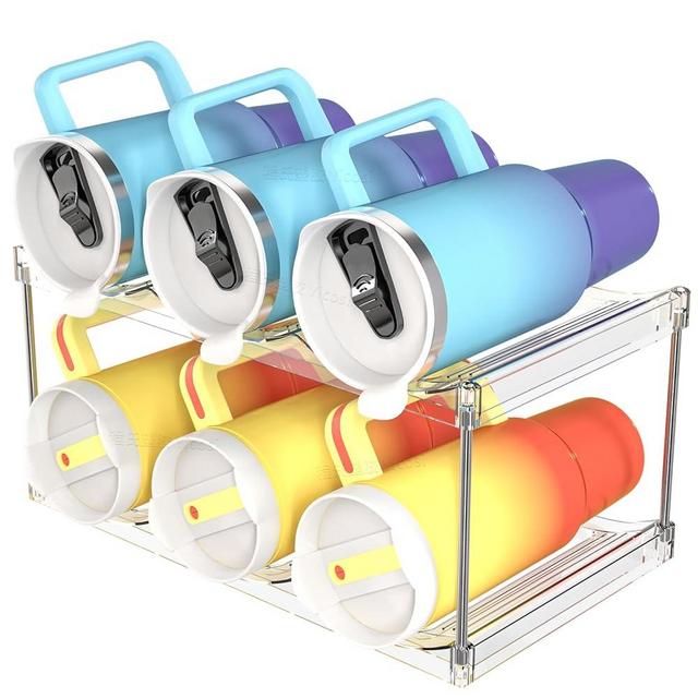 Yieach Stackable Water Bottle Storage Organizer for Yeti Stanley Organizer,Clear Plastics Tumbler Travel Water Bottle Holder for Cabinet and Classroom,2 Pack Hold 6 Bottle Wine Rack For Inside Cabinet