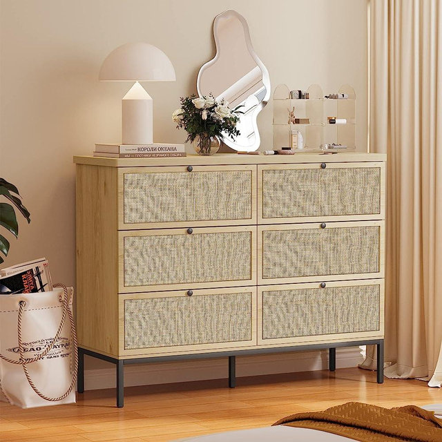 Brafab Natural Rattan 6 Drawer Double Dresser for Bedroom, Industrial Wood Clothing Organizer Dresser for Nursery, Wide Storage Chest of Drawers Dresser with Sturdy Steel Legs for Living Room Hallway