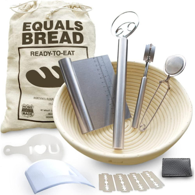 10 Inch Bread Proofing Basket Set with Stainless Steel Accessories, EQUALS BREAD Banneton Bread Proofing Basket, Whisk, Lame, Scraper, Cutter, Sifter, Liner, Bag and Stencil, Bread Baking Kit
