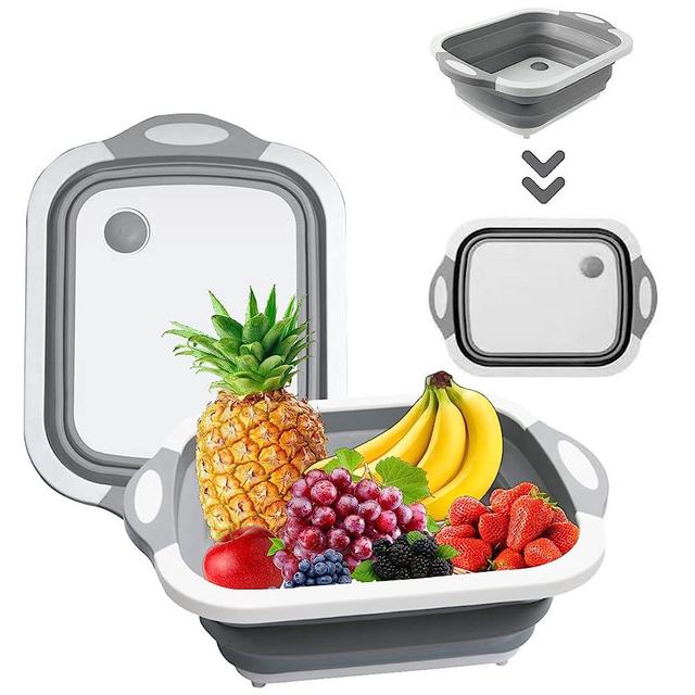 COMUSTER Collapsible Cutting Board - Portable Washing Veggies Fruits Food Grade Camping Sink (4.25 Gal) Space Saving 3 in 1 Multifunction Storage Basket for BBQ Prep/Picnic/Camping (Grey)