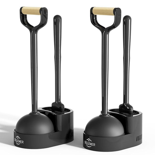 Sellemer Toilet Brush and Plunger Set, Curved Design Head for Deep Cleaning, Heavy Duty Toilet Bowl Brush and Plunger Combo with Holder for Bathroom Cleaning, Black, 2 Pack