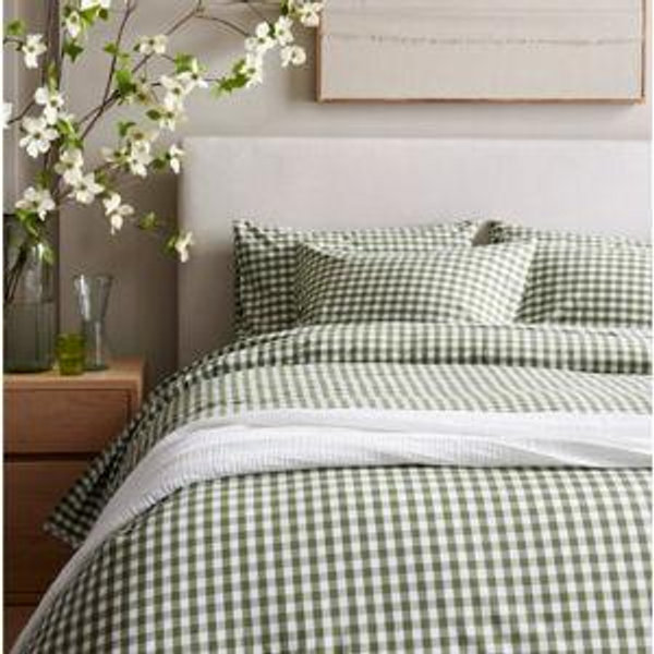 Classic Organic Percale Gingham Duvet Cover Set in Olive