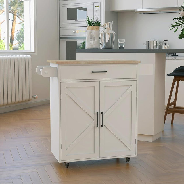 RASOO Kitchen Island with Storage White Rolling Kitchen Cart on Wheels Adjustable Shelf, Rubber Solid Wood Countertop Island Cart with Towel Rack and Spice Rack