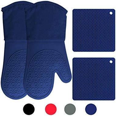 Silicone Oven Mitts and Potholders (4-Piece Set) Heavy Duty Cooking Gloves, Kitchen Counter Safe Trivet Mats | Advanced Heat Resistance, Non-Slip Textured Grip (Royal Blue)