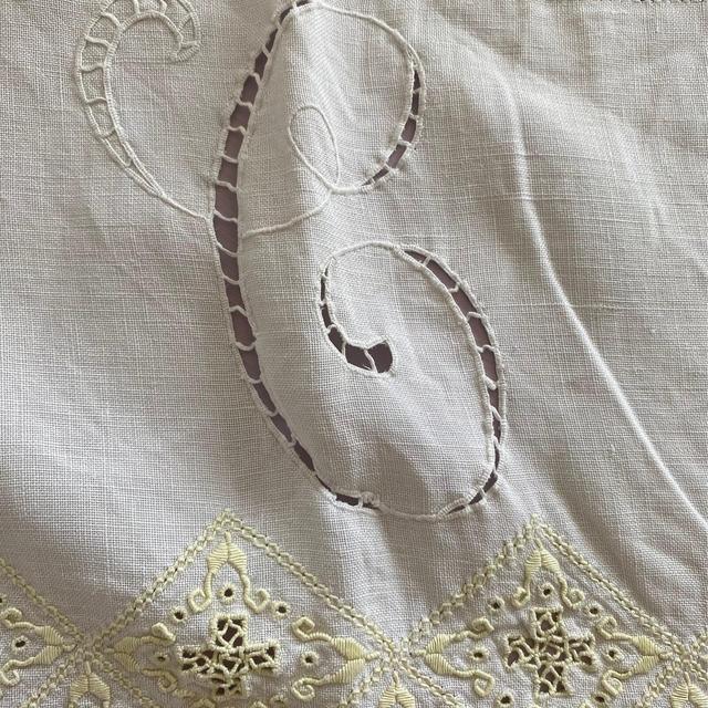 Gorgeous Vintage embroidered cream & yellow crochet rare embroidered table cloth with cutwork monogram C,antique French tablecover,wedding