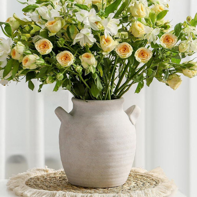 Vanselia Ceramic Flower Vase Home Decor - Farmhouse Table Vases with Handle Living Room Decoration Vintage Decorative Aesthetic for Shelf Coffee Dining Desk House Bookshelf Fireplace (7.1" Rustic)