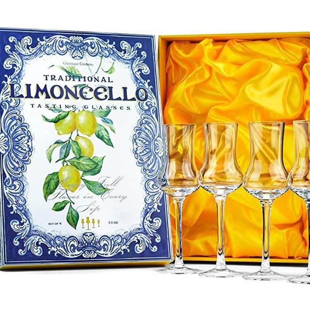 Crystal Limoncello Cordial Glasses | Set of 4 | Tall 3.3 oz Long Stemmed Spirit Glassware for Sipping Aromatic Liquor, After Dinner Drink, Aperitif, Digestive | Elegant Tulip Shaped Stemware