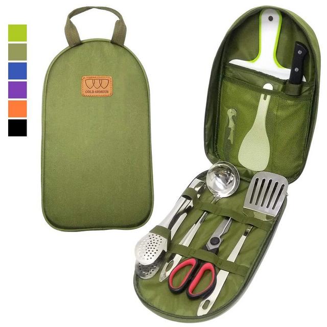 Gold Armour 8pcs Camping Cookware Kitchen Utensil Organizer Travel Accessories Set - Portable BBQ Camp Cookware Utensils Travel Kit with Water Resistant Case, Cutting Board, Rice Paddle, Tongs, Knife