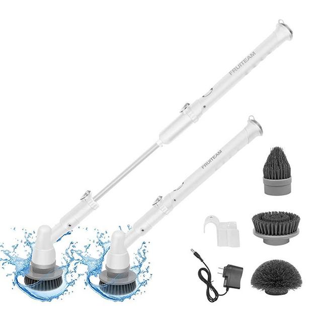 FRUITEAM Electric Spin Scrubber Cordless Bathroom Shower Scrubber Power Brush Floor Scrubber with 3 Replaceable Cleaning Brush Head & Adjustable Extension Handle for Home
