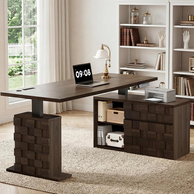 Homiflex 67" L Shaped Standing Desk with Drawers, Electric Height Adjustable Corner Desk, Sit Stand Office Desk with 4 AC Outlets & Type C Port, Executive Computer Desk with Cabinet, Brown