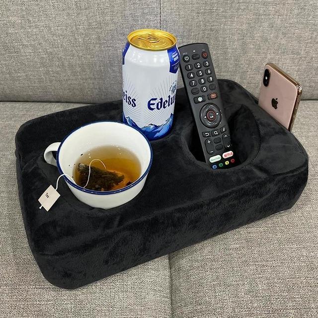 Couch Cup Holder Pillow, Couch Drinks Remotes Holder for Center of Couch, for Sofa, Bed, RV, Car (Black)