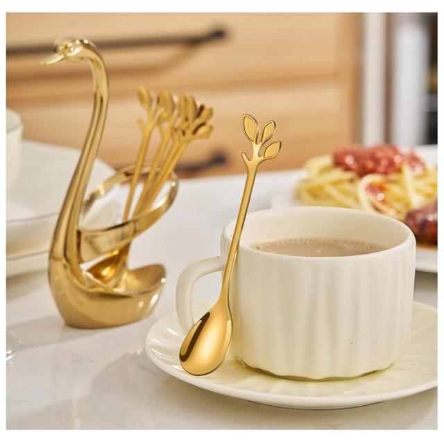 AnSaw Gold Small Coffee Spoon Holder Set,Swan Base With 10 Pcs Demitasse Espresso Spoons Set,4.7" Mini Leaf Dessert Spoon,Stainless Steel Tea Spoons
