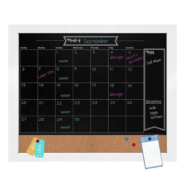 Loddie Doddie 18x24 White Framed Chalkboard Calendar and Bulletin Combo Board. Includes Chalk Markers, Push-Pins and Magnets. Blackboard - Calendar - Cork Board. Perfect for Organizing Your Space