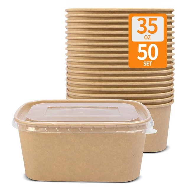 Celel 50 Pack 35 oz Paper Food Containers with Lids, Paper Meal Prep Containers Microwavable and Freezer Use Cardboard Food Concertinas - 50 Bowls 50 Lids
