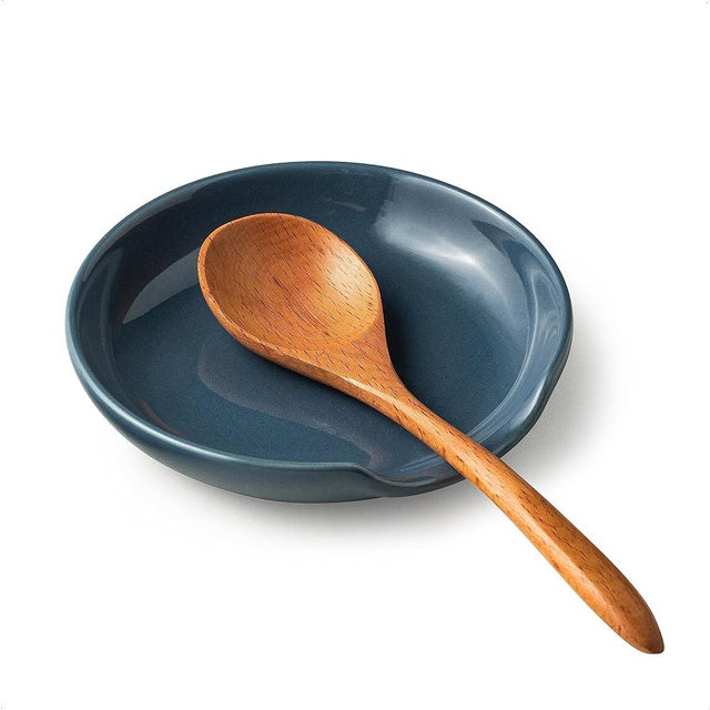 Ceramic Spoon Rest for Stove Top, 5" Stove Spoon Holder for Kitchen Counter, Farmhouse Utensil Rest Tray for Spatula, Ladles & Tongs, Vintage Blue