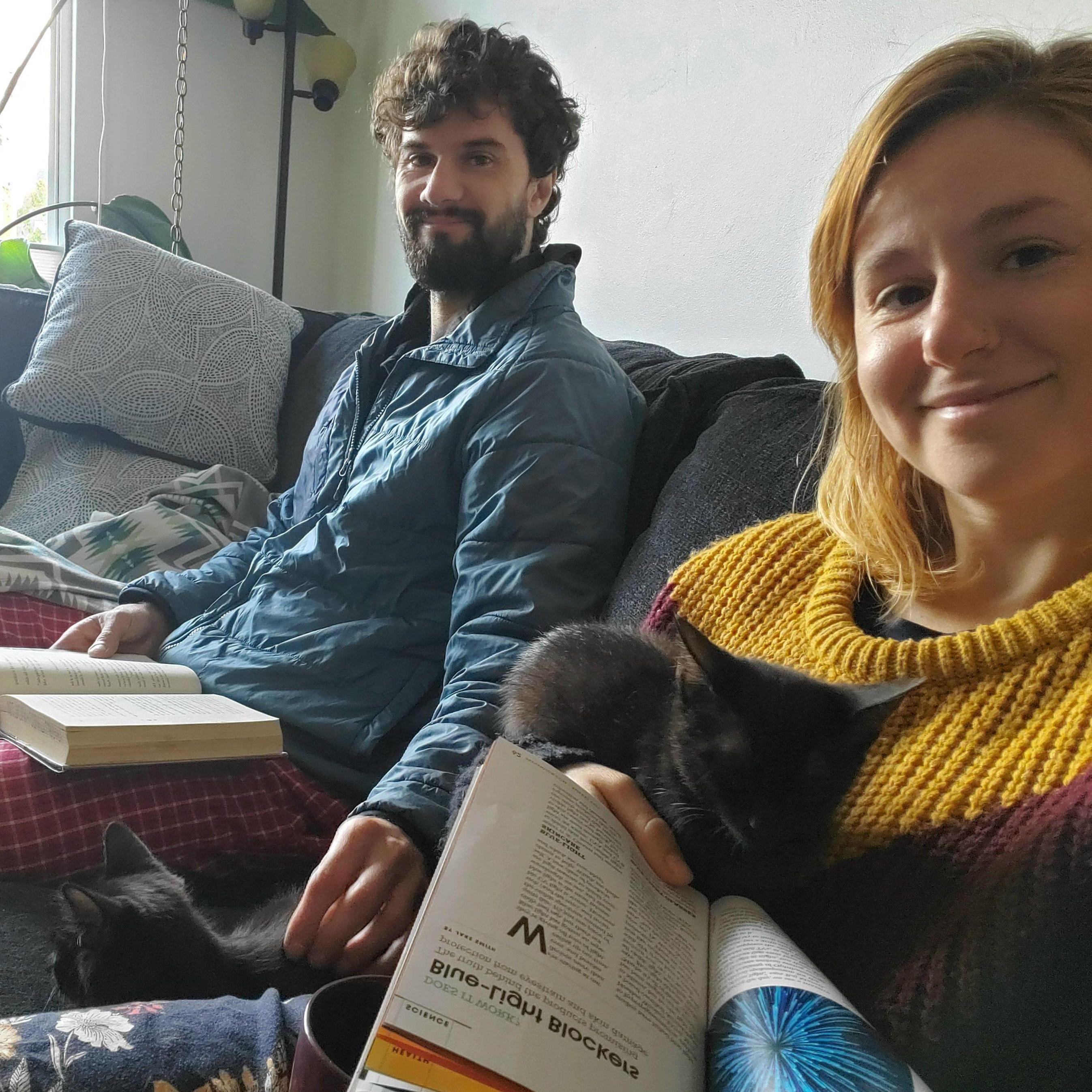 chilling with our cats Po and Belly at home,