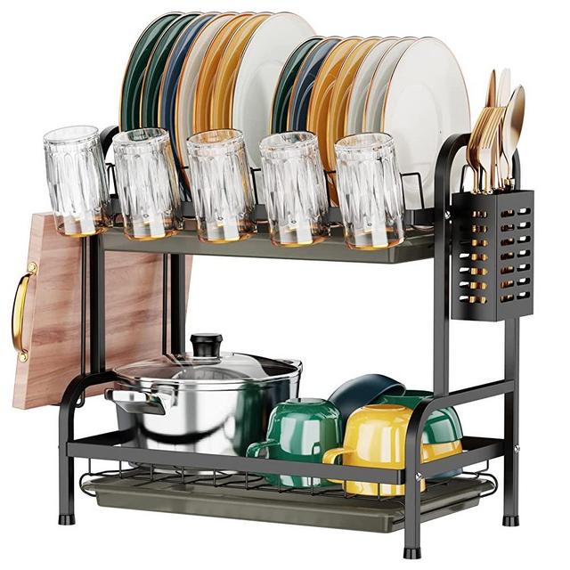 Swedecor Dish Drying Rack, 2 Tier Rust-Resistant Dish Rack Small Dish Drainer with Drainboard Tray, Cup Holder Utensil Holder and Cutting Board for Kitchen Countertop, Black