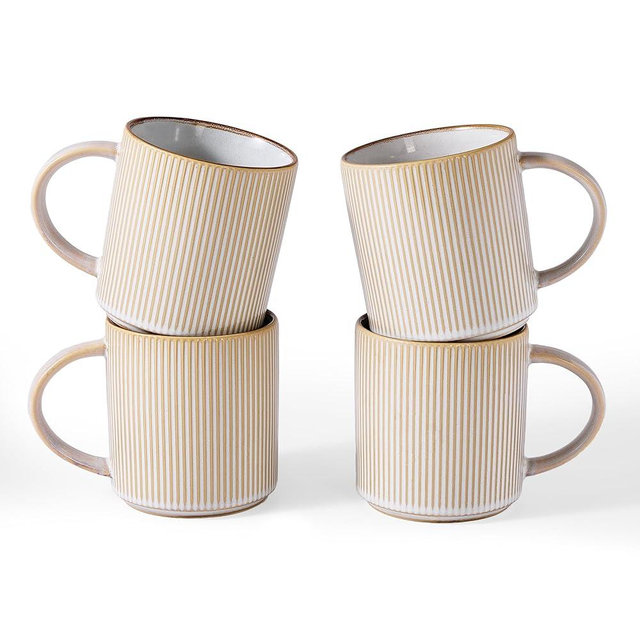 famiware Coffee Mug Set for 4, Star 16 oz Catering Mugs Cup Set with Handle for Coffee, Tea, Cocoa, Milk - Ceramic Stoneware Drinkware Set, Cappuccino White