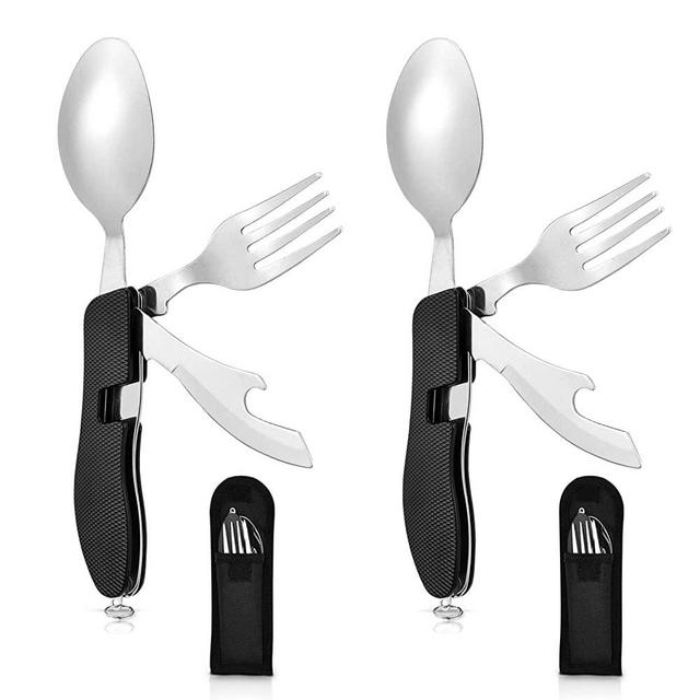 Hikenture Camping Utensils with Case 4-in-1 Folding Flatware Stainless Steel Fork Knife Spoon Bottle Opener Travel Cutlery Hobo Multitool Set(Black 2 Pack)