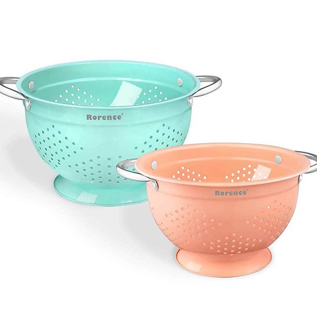 Rorence Colanders with Riveted Handles: Stainless Steel with Coral & Mint Green Color Powder Coating Set of 2