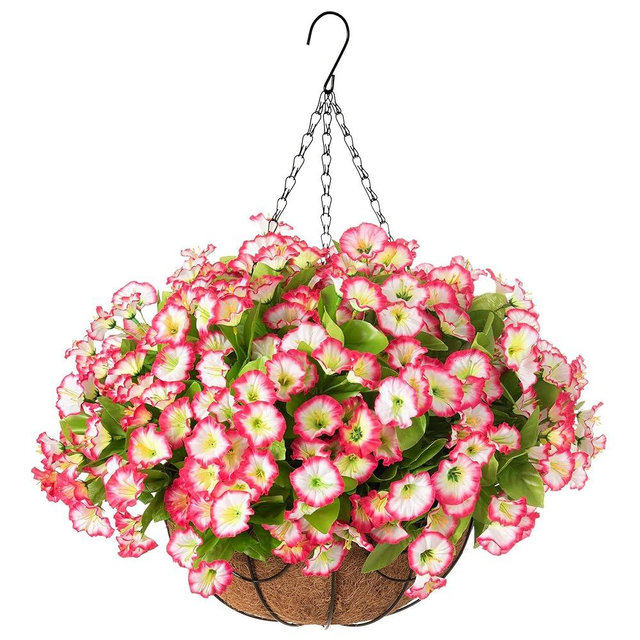 Ammyoo Artificial Hanging Flower Plants with Basket for Spring Summer Outdoor Decoration, Faux Petunias Flowers Fake Morning Glories Planter for Outside Patio Garden Porch Balcony Yard Decor(Pink)