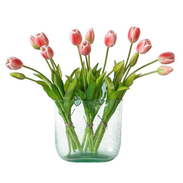 DUYONE 15pcs Artificial Tulips Flowers, Latex Bouquet, Fake Tulips for Office Wedding Party Home Kitchen Garden Decoration-B Coral Pink