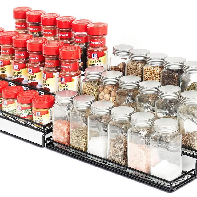 Spice Rack Cabinet Organizer, 3 Tier Expandable Pantry Display Shelf with Protection Railing (Black)