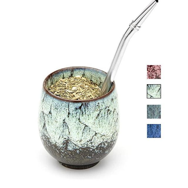 BALIBETOV Yerba Mate Set - Ceramic Mate Cup - Bombilla (Straw) and Cleaning Brush Included - Modern Yerba Mate Gourd - Easy To Clean Mate Gourd for Yerba Mate Loose Leaf Drinking. (Winter)