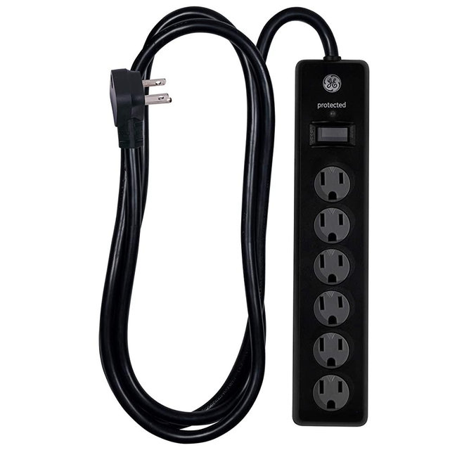 GE Outlet Surge Protector, 6 Ft Extension Cord, Power Strip, 800 Joules, Twist-to-Close Safety Covers, Black, 33661