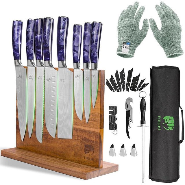 FULLHI Knife Set with Magnetic Knife Block Holder,15pcs Japanese Knife Set, German Stainless Steel Kitchen Knife Set