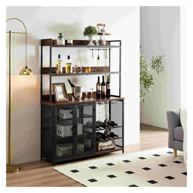 LunaLulinlk Industrial Buffet Cabinet with LED Strip and Glass Holder, 3-Tiers Liquor Cabinet Bar, Vintage Brown