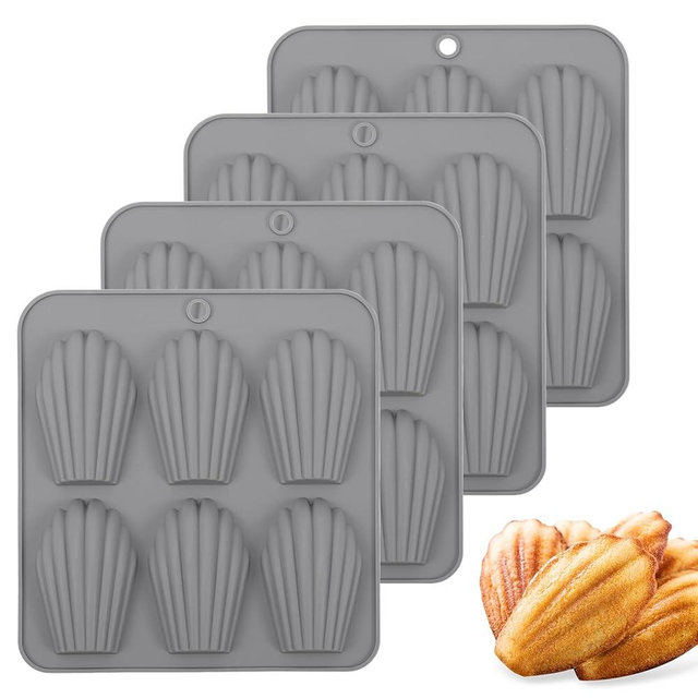 4 Pack Madeleine Pans for Baking, 6 Cavity Shell Shape Baking Mold Nonstick Cookie Cake Pan for Oven (Grey)