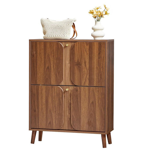 BERRYMERRY Shoe Cabinet with 2 Flip Drawers,Wood Hidden Shoes Storage Cabinet with Fluted Recessed Design, Freestanding Shoe Organizer Cabinet for Entryway, Hallway, Living Room