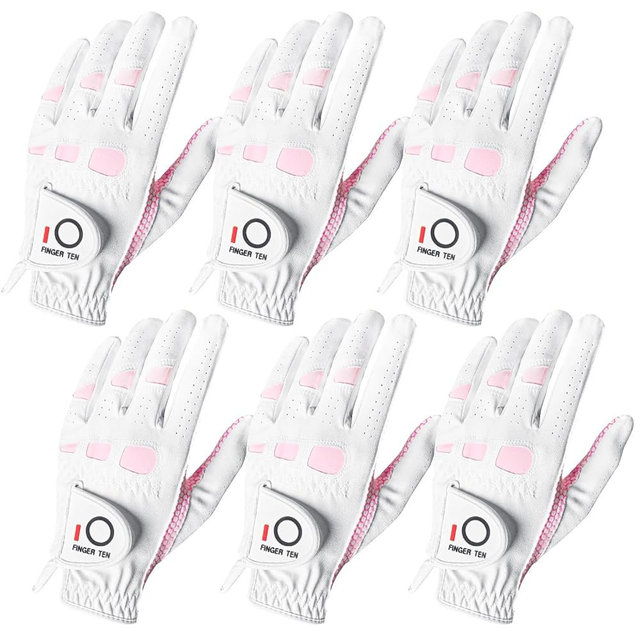 FINGER TEN Women’s Golf Gloves Ladies Left Hand Right Handed Golfer Value 6 Pack, All Weather Rain Grip Glove Pink Fit Small Medium Large XL