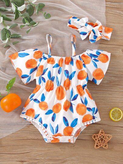 Baby Fruit Print Contrast Guipure Lace Cold Shoulder Bodysuit With Headband