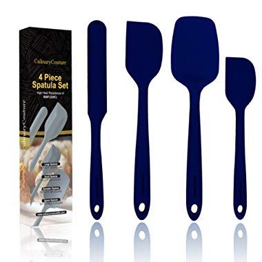 Blue Silicone Spatula Set – Non Stick High Heat Resistant Kitchen Utensils – 608F – Sturdy Steel Core – Spreader, Scraper, Spoonula Spatulas – 4 Piece Utensil Set - Gift Box and Bonus Recipe Ebook