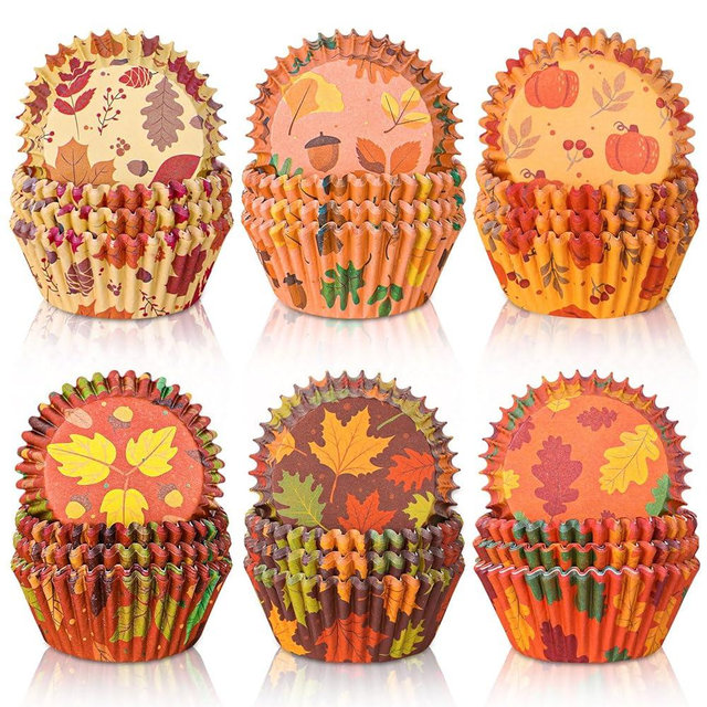 Whaline 600Pcs Fall Thanksgiving Cupcake Liners Maple Leaf Pumpkin Acorn Baking Cups Autumn Muffin Baking Liners for Birthday Party Fall Themed Party Supply Decor