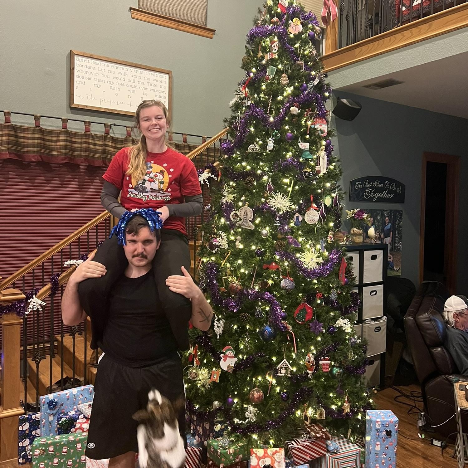 Merry Christmas, after we lugged the tree out of the attic.