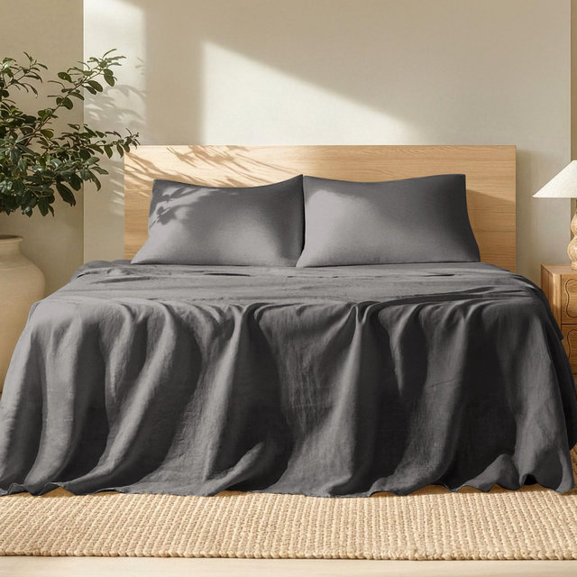 100% European Linen Grey Queen Bed Sheet Set by Bare Home