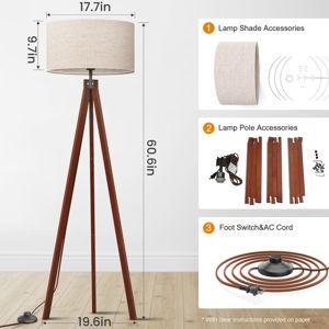LEPOWER Wood Tripod Floor Lamp, Mid Century Standing Lamp, Modern Design Studying Light for Living Room, Bedroom, Study Room and Office, Flaxen Linen Shade with E26 Base Brown