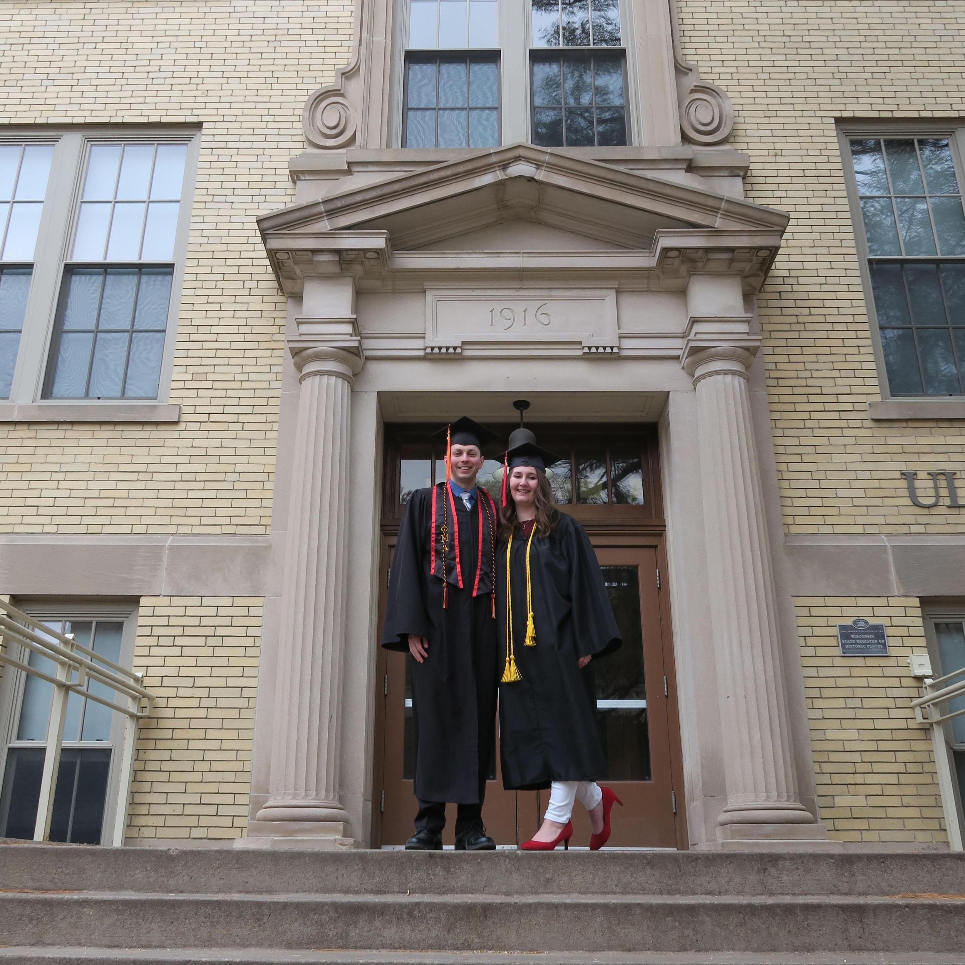 Standing outside of Ullsvik Hall on our joint graduation day from UW-Platteville, just days after our 6th anniversary. The next day we moved to Menasha - December 2019